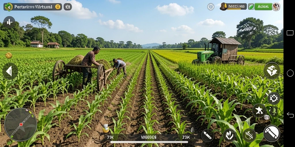 Tampilan gameplay <strong>73K</strong> yang menampilkan ladang dengan berbagai tanaman.