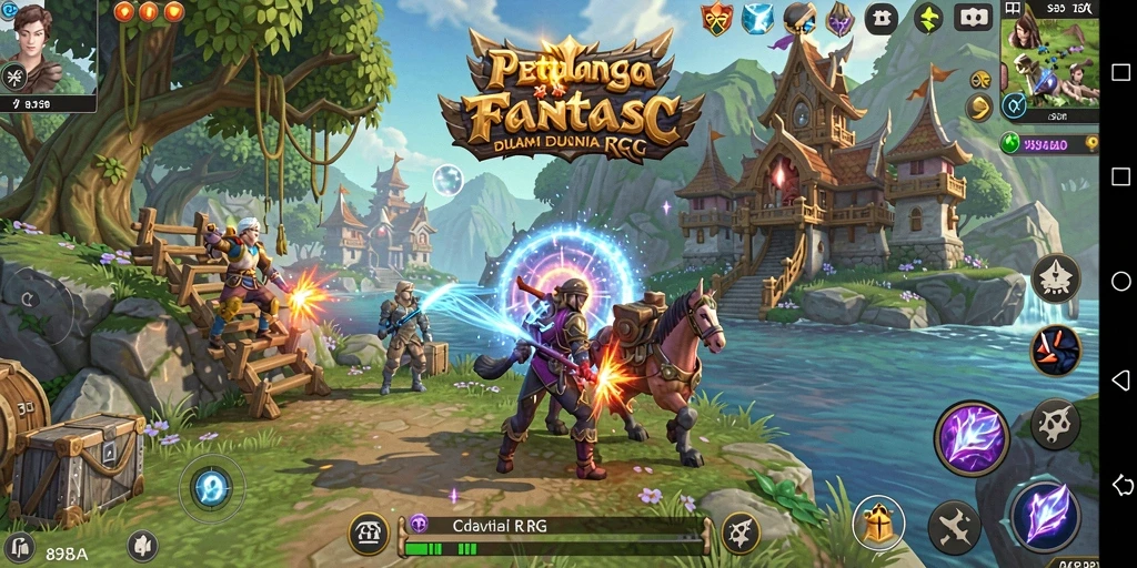 Screenshot gameplay RPG 898A menampilkan karakter dalam pertempuran epik.