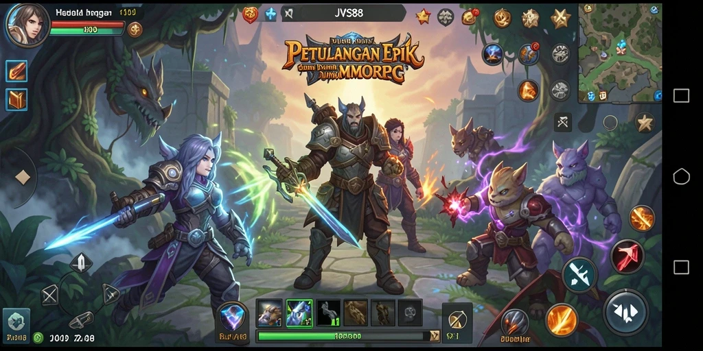 Screeenshot gameplay JVS88 menampilkan pahlawan bertarung di dunia fantasi.