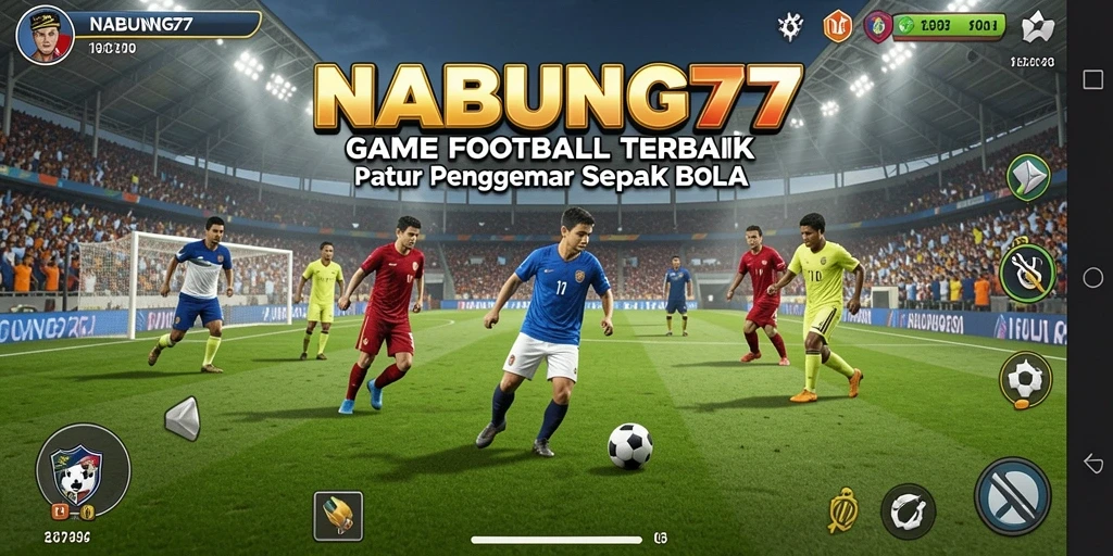 Screenshot gameplay NABUNG77 menampilkan aksi seru di lapangan sepak bola.
