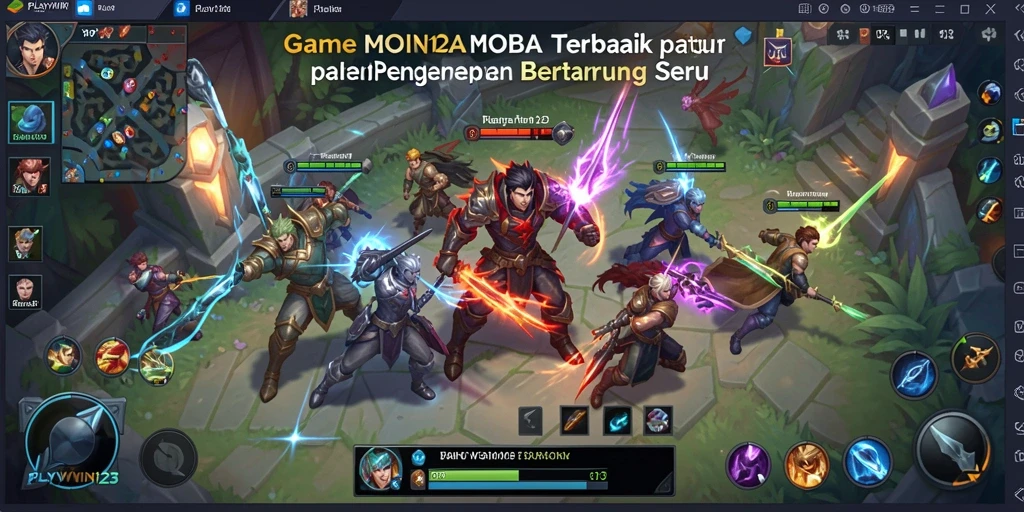Screenshot utama PLAYWIN123 menampilkan aksi bertarung seru di arena MOBA.