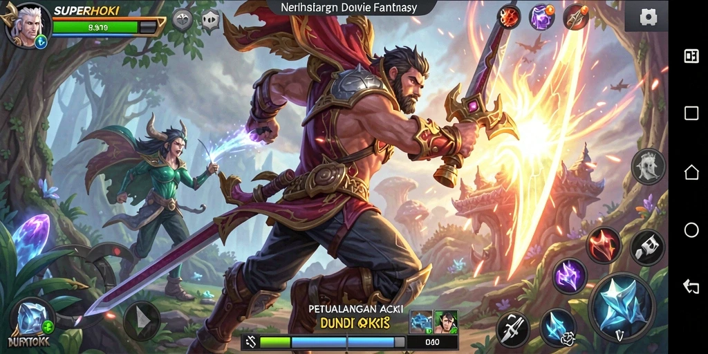 Screenshot SUPERHOKI dengan pertarungan epik dalam dunia fantasi.
